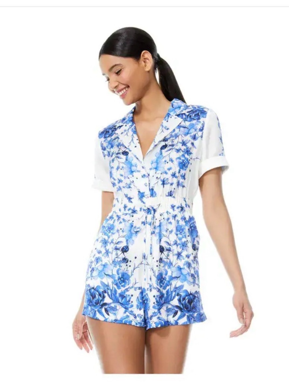 Alice + Olivia Leighton White Blue Floral Satin Shorts Romper Jumpsuit US 8